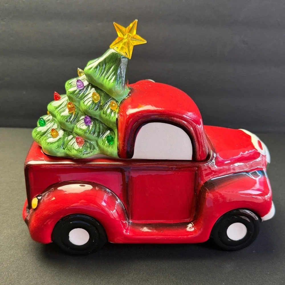 Mr. Christmas Red Truck Santa Light Up Tree Ceramic Farmhouse Holiday Cookie Jar